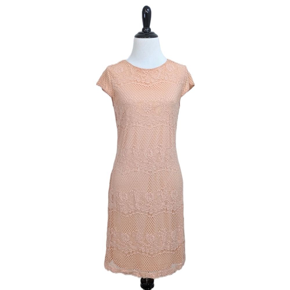 Sharagano Peach Color Lined Crocheted Lace Sheath Dress - Size 4 Womens